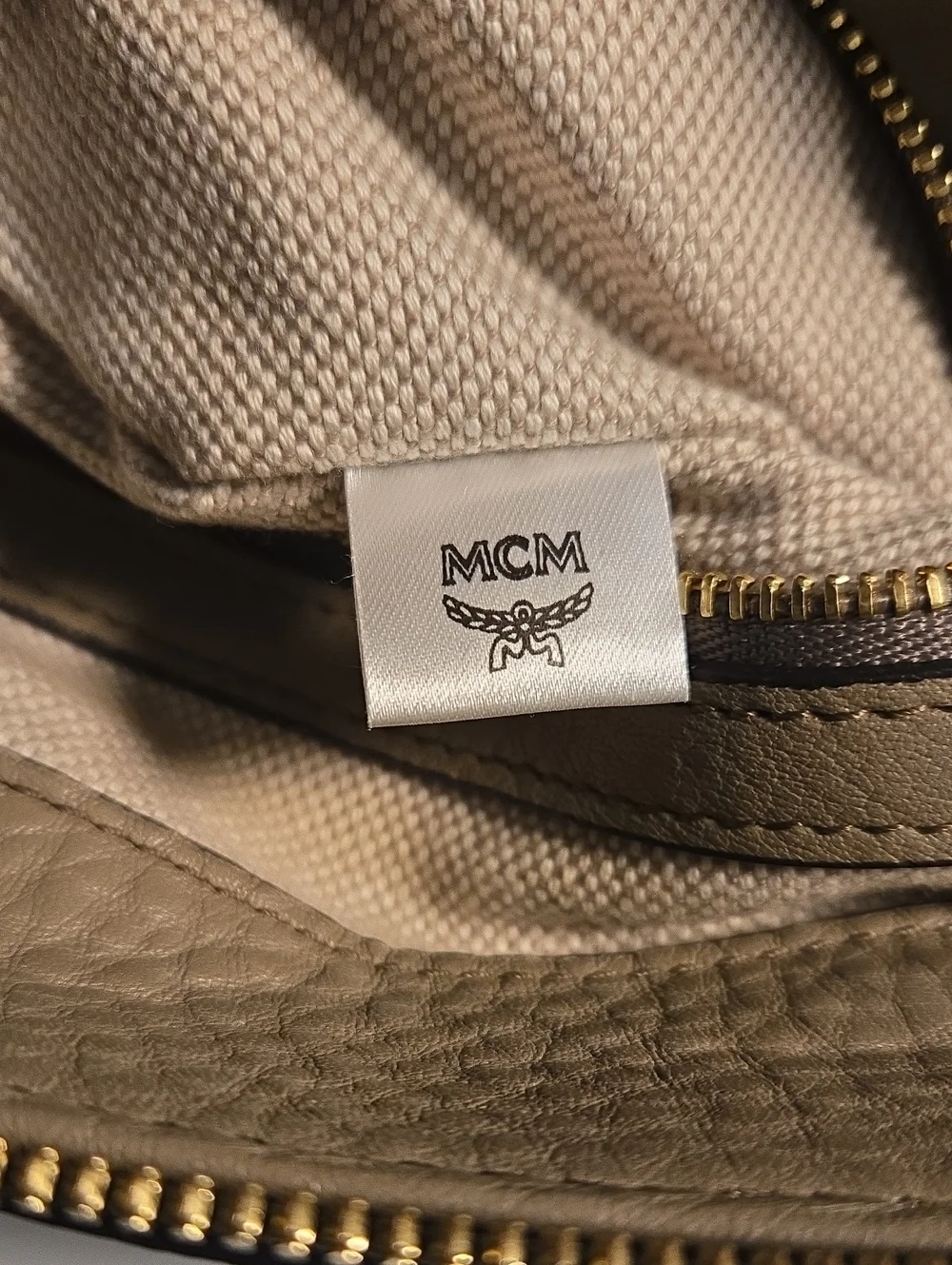 MCM Pebbled Taupe Leather Satchel with Gold Plaque